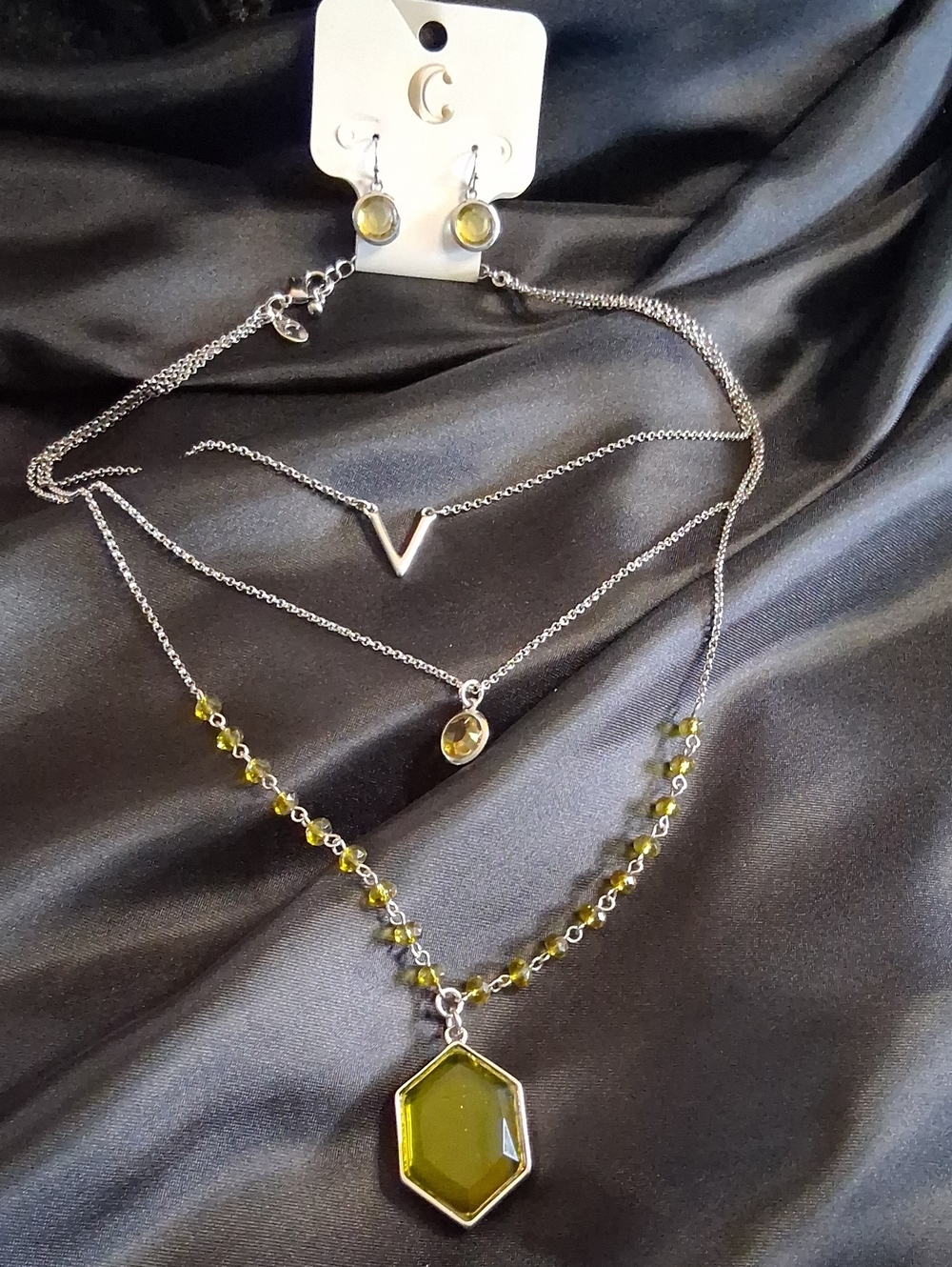Charming Charlie Silver Layered Necklace & Earring Set with Olive Green Stones - Picture 1 of 8